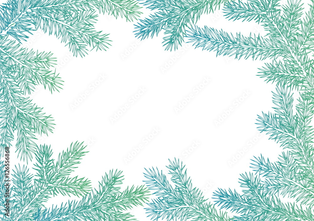 background made of fir branches. Vector frame from Christmas tree branch for decorate. Black lush branch of spruce with the two sides.