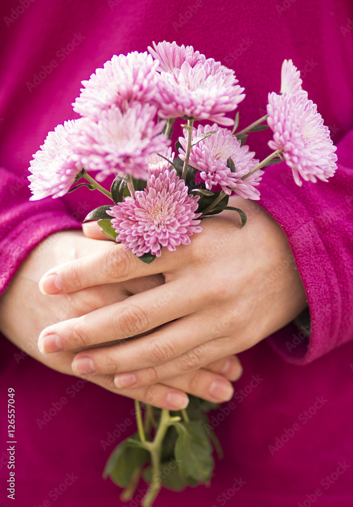 bouquet of asters in the hands of woman