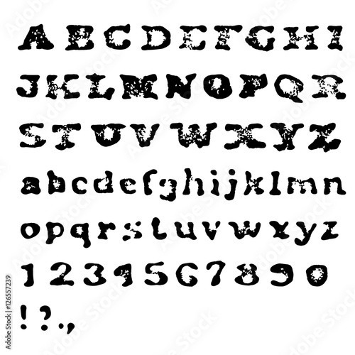 Vintage retro old aged typeface. Stamped alphabet. All caps, num