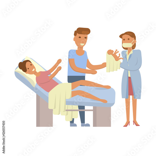 The process of giving birth concepts set. Woman during childbirth, family in the maternity ward, obstetrician is delivering a child. Vector illustration for infographic