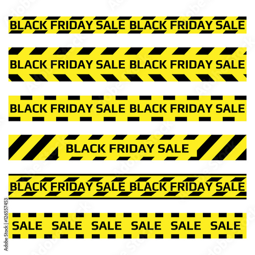 Black Friday sale set horizontal banner for the site. Vector illustration of a road sign and yellow ribbons.
