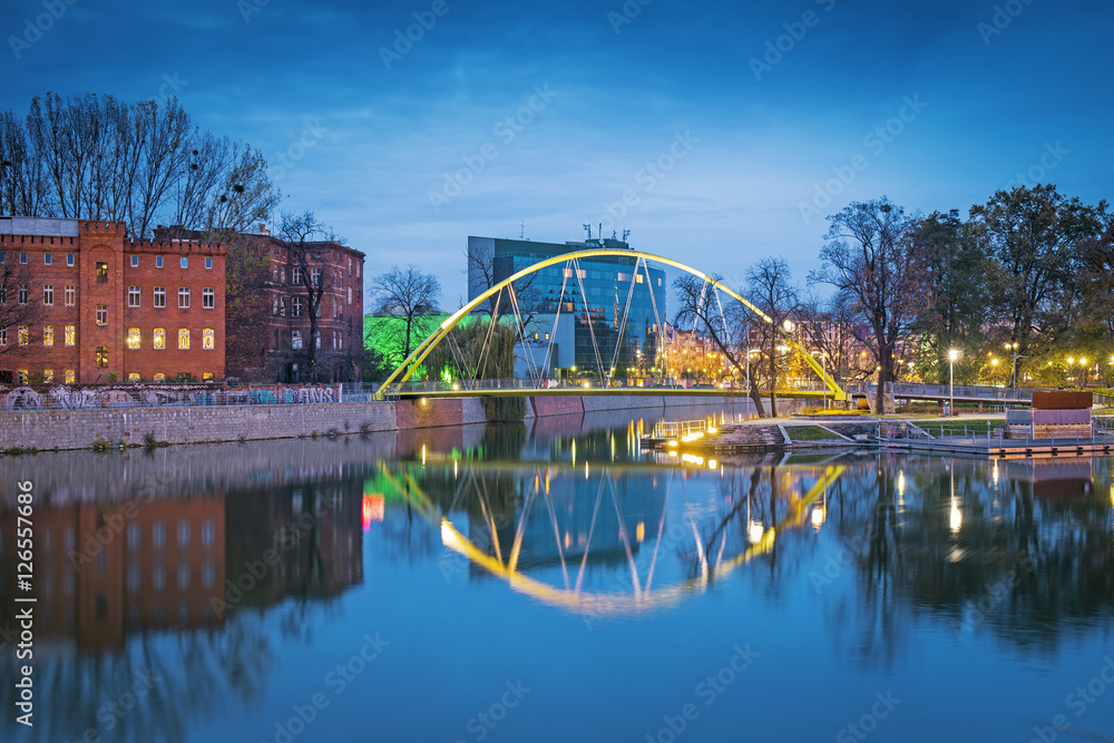 Slodowa footbridge at night in Wroclaw, Poland