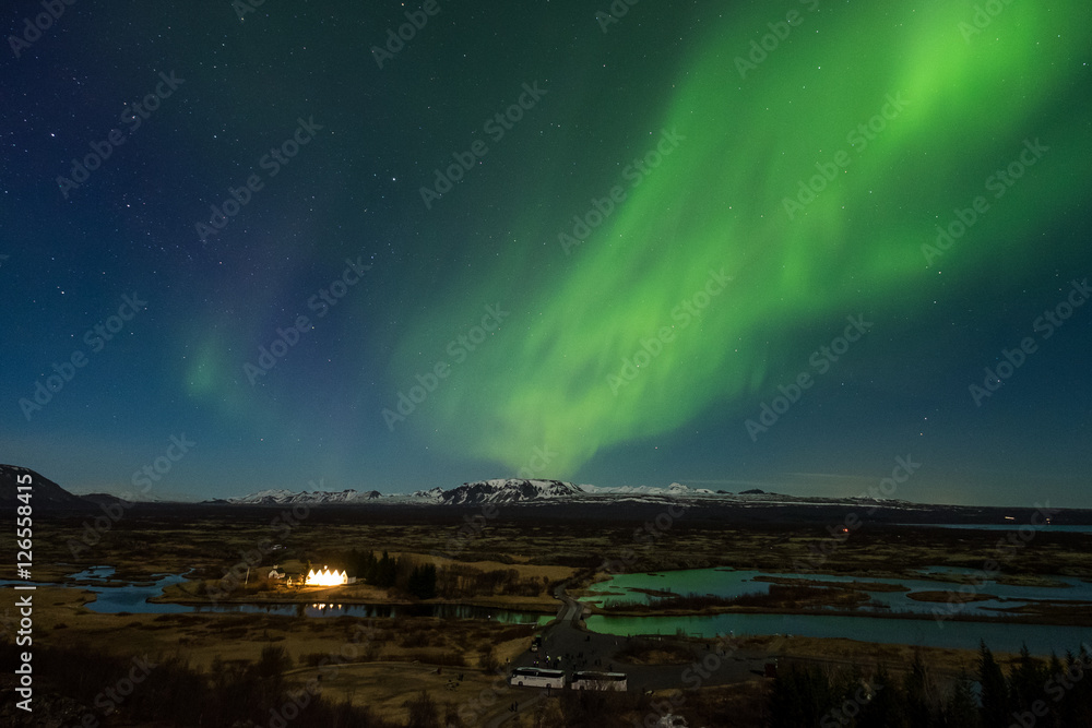 Aurora borealis over the Thingvellir National Park - Iceland