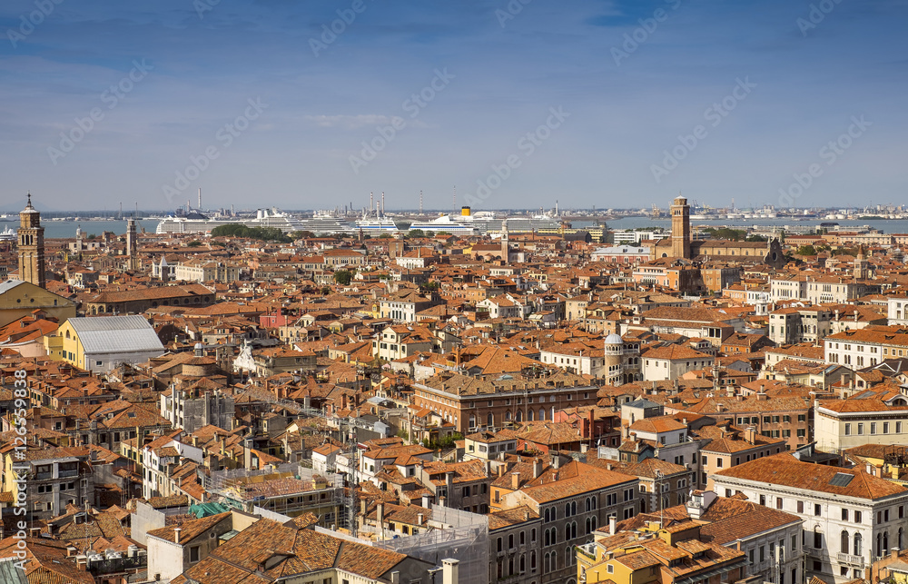 Venice  aerial cityscape view with red tile roofs from San Marco Campanile. Venice, Italy.