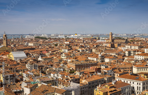 Venice  aerial cityscape view with red tile roofs from San Marco Campanile. Venice, Italy.