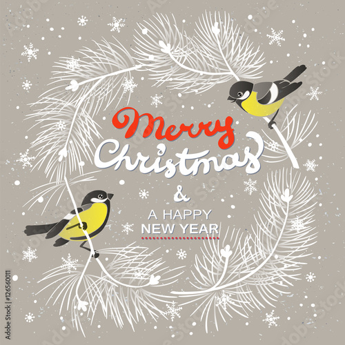 Christmas Poster. Vector illustration of Christmas Background with branches of christmas tree and two tomtits.