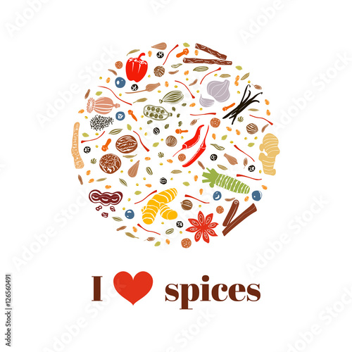 Cooking spices on bauble shape. Images