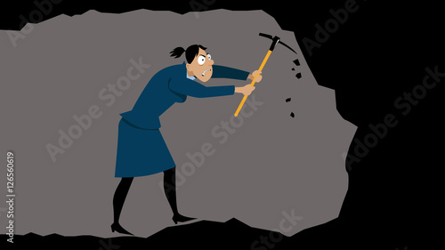 Angry businesswoman with a pickaxe digging a tunnel underground, EPS 8 vector illustration