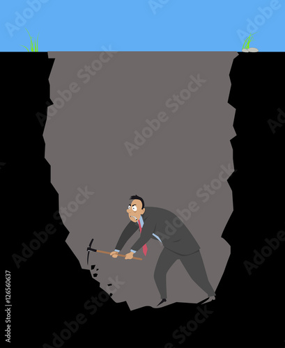 Businessman with a pickaxe digging himself into a hole, EPS 8 vector illustration