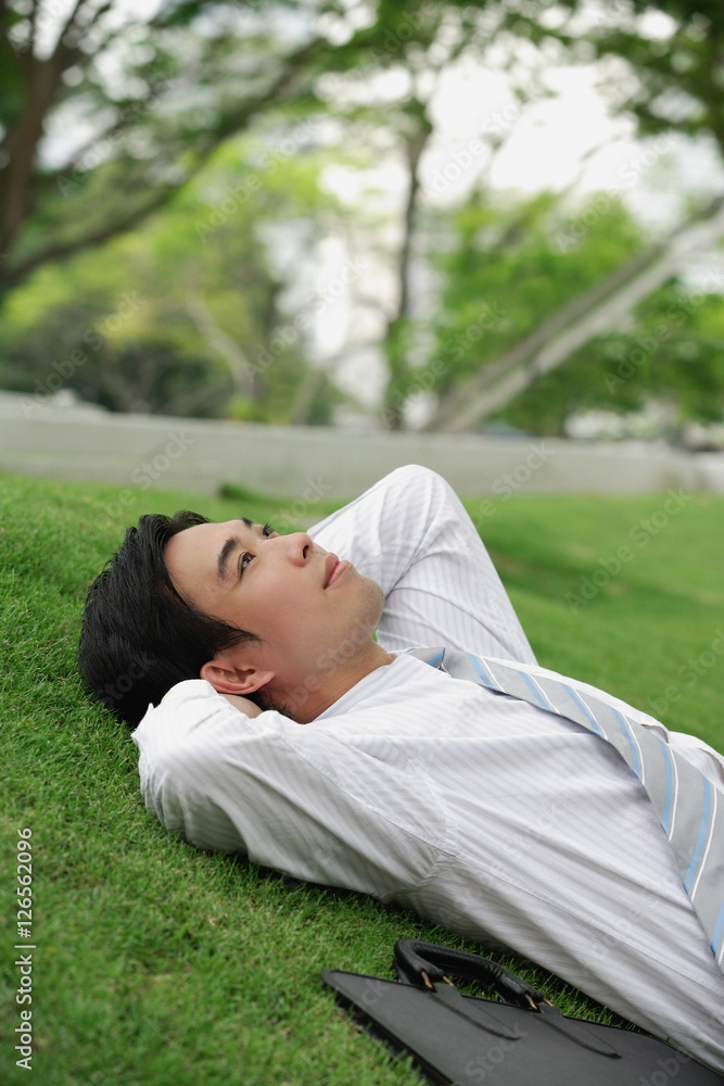 Businessman lying on grass in park, looking up Businessman lying on grass in park, looking up