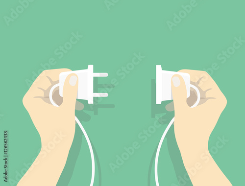 Two hands trying to connect electric plug together, Connection vector illustration in flat style