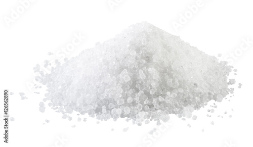 Pile of white rock salt on the white background.
