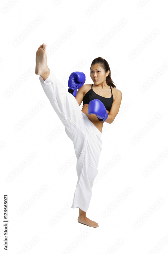 Female boxer with one leg raised Female boxer with one leg raised