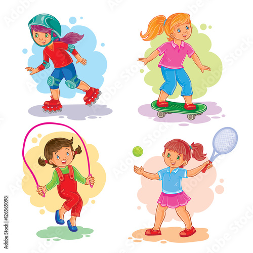 Set icons of girls playing tennis, jumping rope, skating