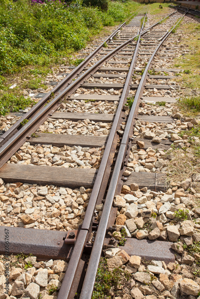 Rail road showing train track switching and rocks, Dalat, Vietnam Rail road showing train track switching and rocks, Dalat, Vietnam