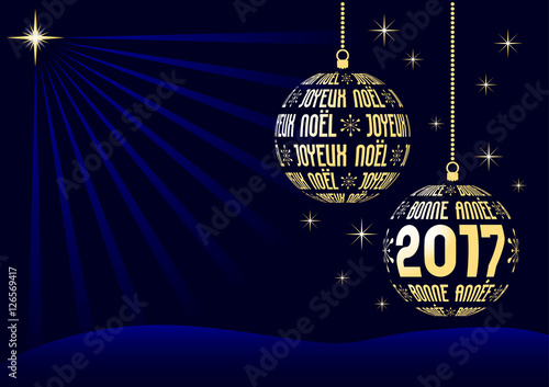 french christmas and new year 2017 background, two christmas balls created from france holiday text, with stars on night dark blue sky, vector illustration