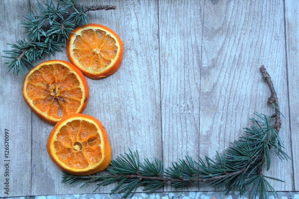 dried orange slices  and pine branch