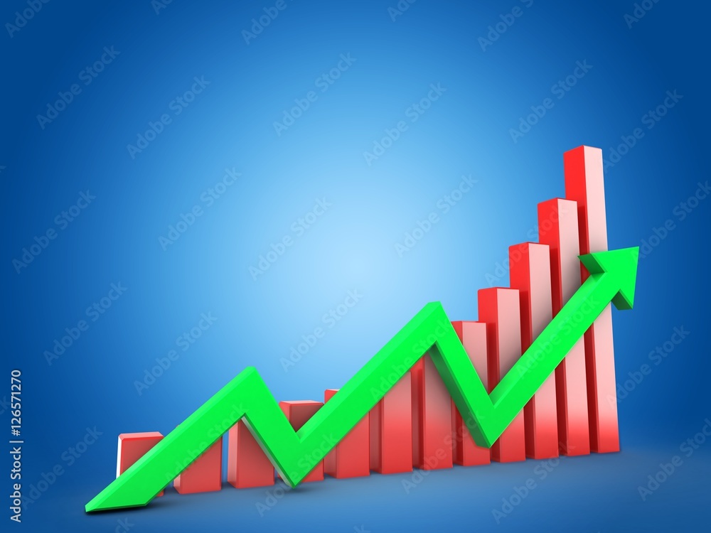 3d illustration of red charts over blue background with arrow up green 3d illustration of red charts over blue background with arrow up green