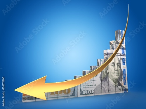 3d illustration of money chart over blue background with down golden arrow