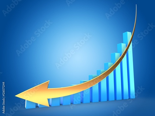 3d illustration of blue bars over blue background with down golden arrow