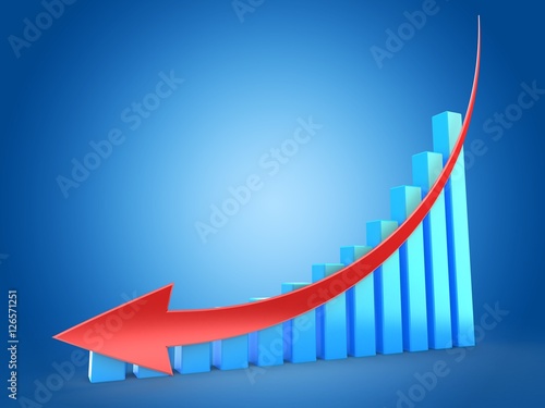 3d illustration of blue bars over blue background with down red arrow