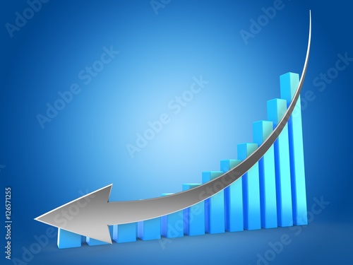 3d illustration of blue bars over blue background with down silver arrow
