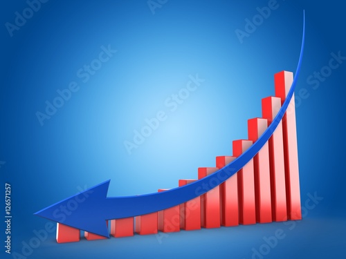 3d illustration of red charts over blue background with down arrow