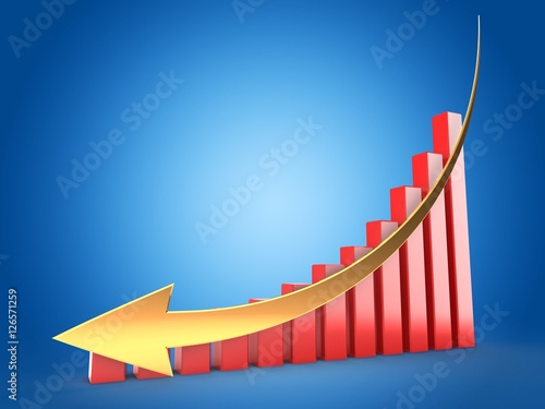 3d illustration of red charts over blue background with down golden arrow
