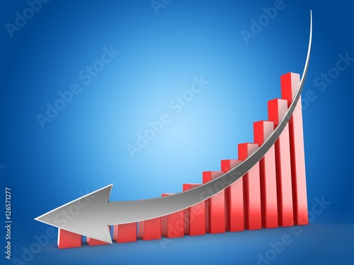 3d illustration of red charts over blue background with down silver arrow