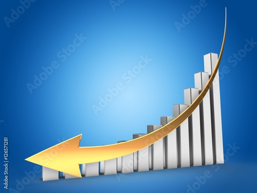 3d illustration of steel charts over blue background with down golden arrow