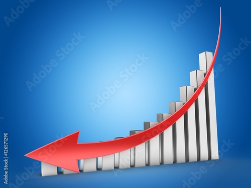 3d illustration of steel charts over blue background with down red arrow