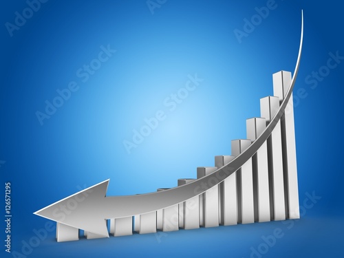 3d illustration of steel charts over blue background with down silver arrow