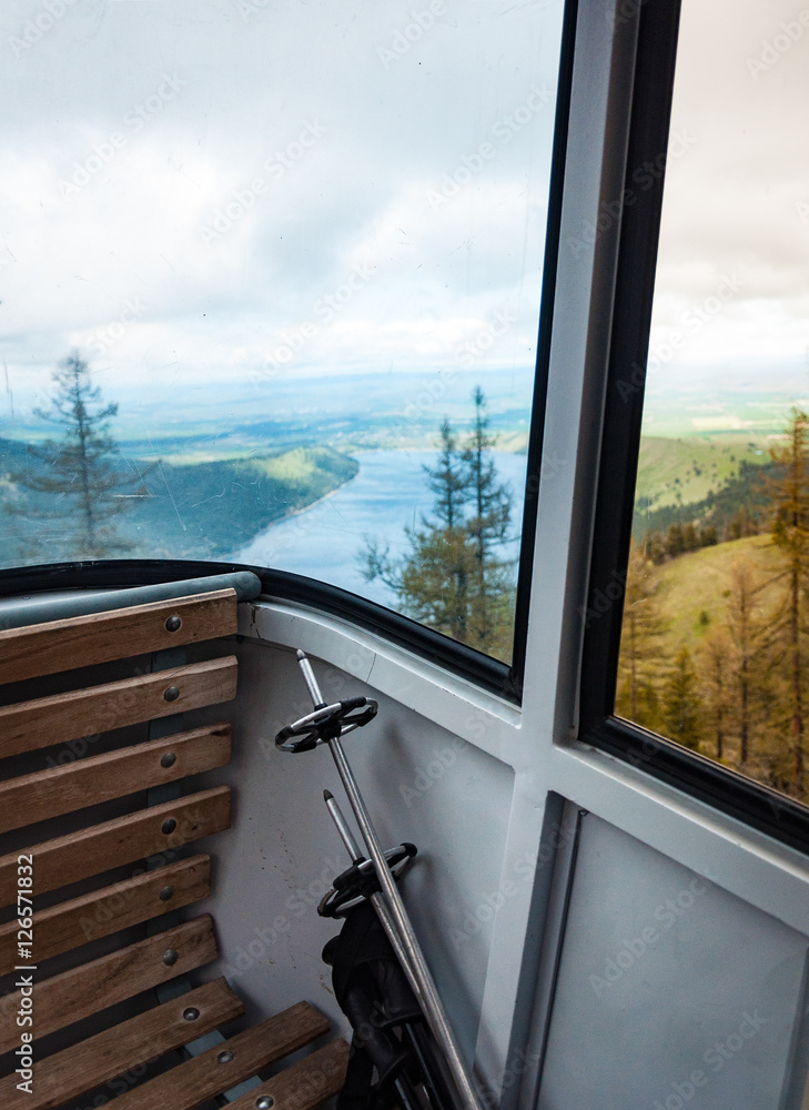 inside gondola of ski lift overlooking Joseph Oregon inside gondola of ski lift overlooking Joseph Oregon