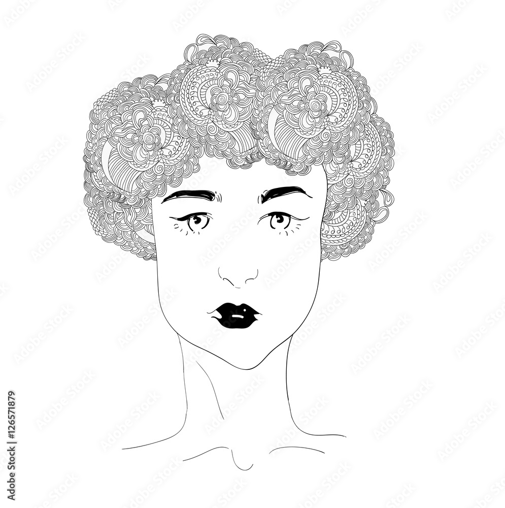 Vector girl with abstract flower garland on the head. Uncolored contour pattern. Can be used as adult coloring book, card, invitation, t-shirt print. young pretty girl with doodle hairs.