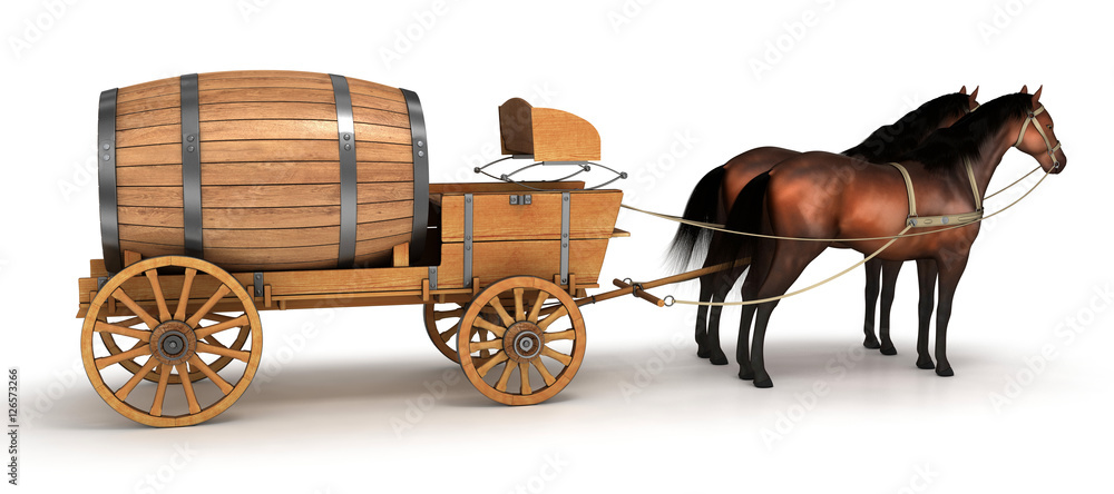Fototapeta Horse carriage with a large barrel. 3d image.