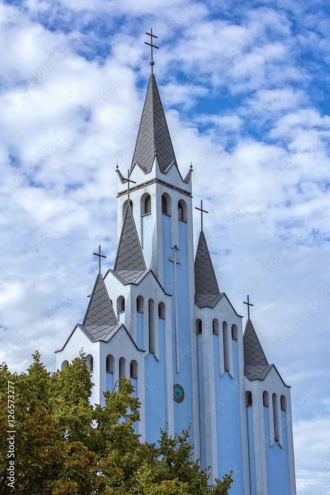 Interesting, modern, blue church in the village Heviz of Hungar Interesting, modern, blue church in the village Heviz of Hungar