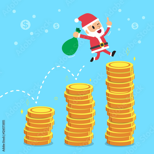 Cartoon santa claus jumping over money stacks