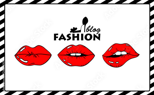 Cartoon Fashion Illustration With Red Female Lips.