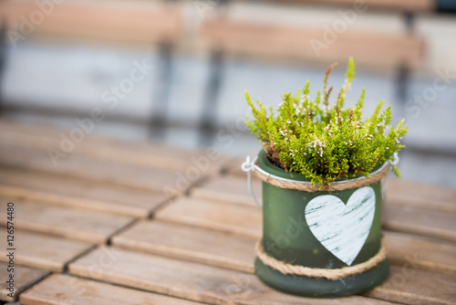 Green pot with flower and heart on the table in a cafe