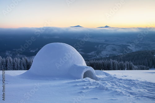 On a snowy meadow is the igloo. © Vitalii_Mamchuk