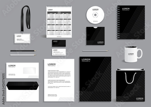 Business stationery set template, corporate identity design mock-up containing black pattern with gray stripes