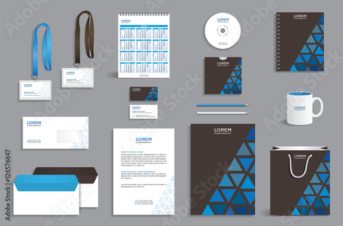 Business stationery set template, corporate identity design mock-up in brown color with blue triangles pattern