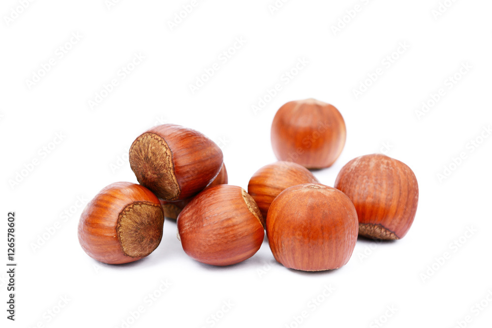 Group healty hazelnuts isolated on white background Group healty hazelnuts isolated on white background