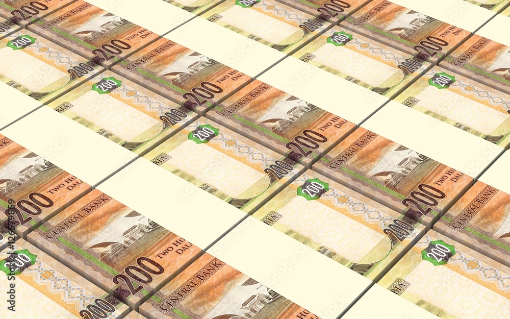 Gambian dalasi bills stacked background. 3D illustration.