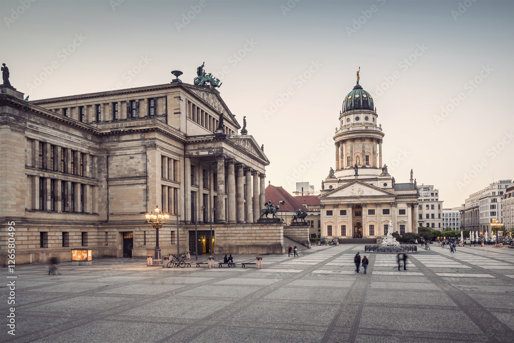 French Cathedral (Franzoesischer Dom) and Konzerthaus located on the Gendarmenmarkt in Berlin, Germany, Europe, vintage filtered style