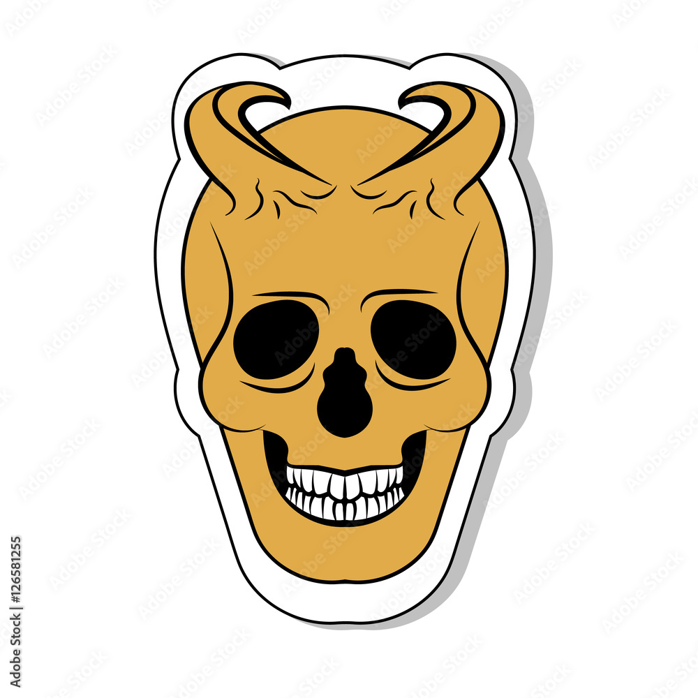 Sticker orange skull with horns and shadow. Vector isolated image.The style flat. The perfect solution for your business Sticker orange skull with horns and shadow. Vector isolated image.The style flat. The perfect solution for your business