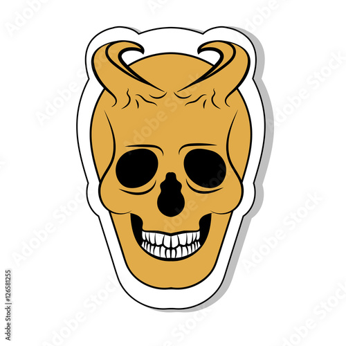 Sticker orange skull with horns and shadow. Vector isolated image.The style flat. The perfect solution for your business