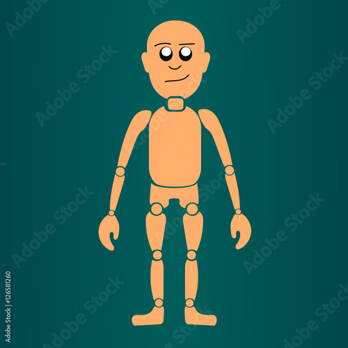 Doll, male, with separate moving parts on a dark green background. The style is flat. Toy.
