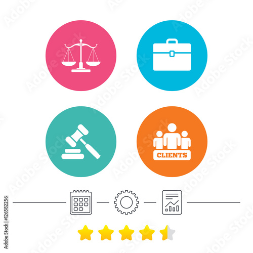 Scales of Justice icon. Group of clients symbol. Auction hammer sign. Law judge gavel. Court of law. Calendar, cogwheel and report linear icons. Star vote ranking. Vector