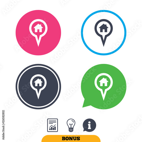 Map pointer house sign icon. Home location marker symbol. Report document, information sign and light bulb icons. Vector